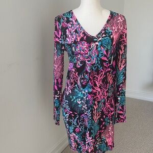 Lilly Pulitzer Black Dress with Pink and Blue Coral Design